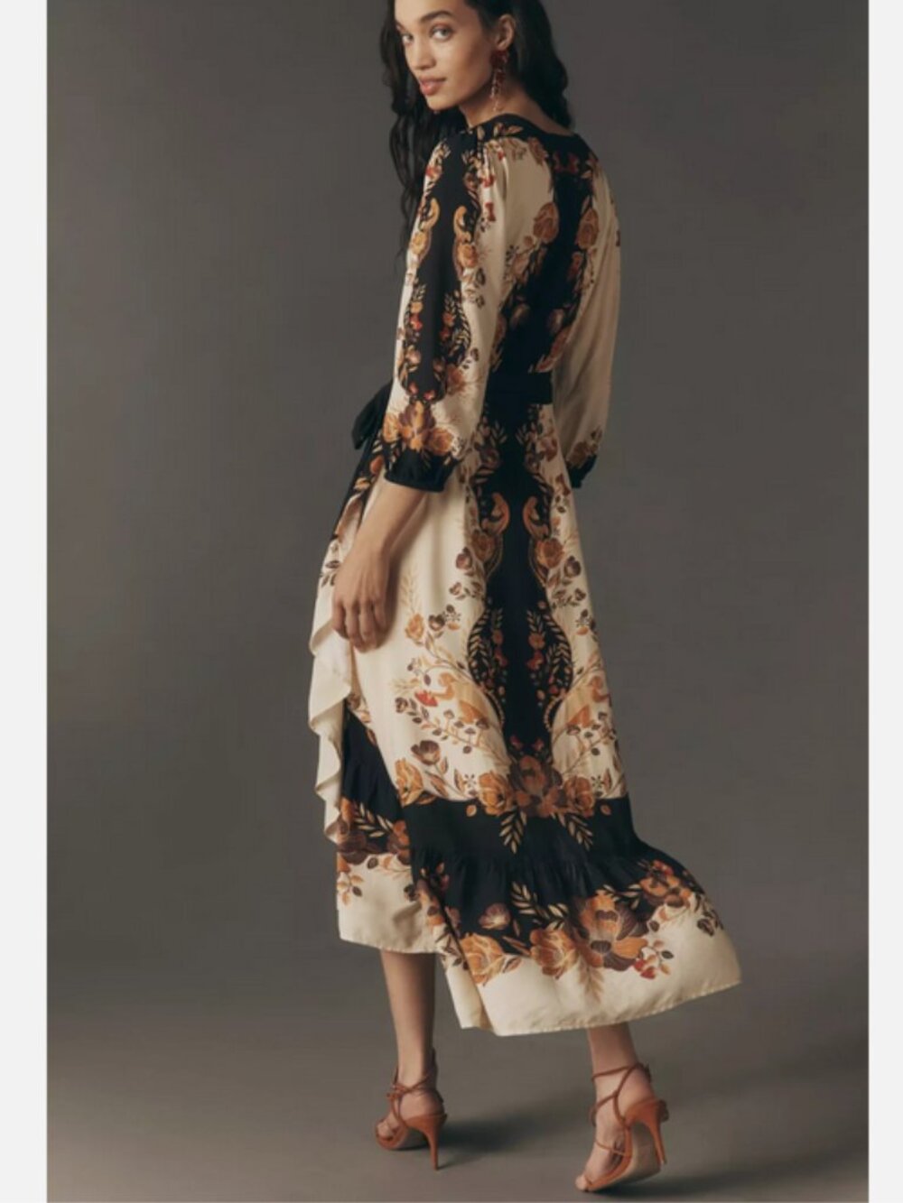 Farm Rio Anthropologie Long-Sleeve Wrap Midi Dress Size XXS NWT Orange Floral - Picture 2 of 6